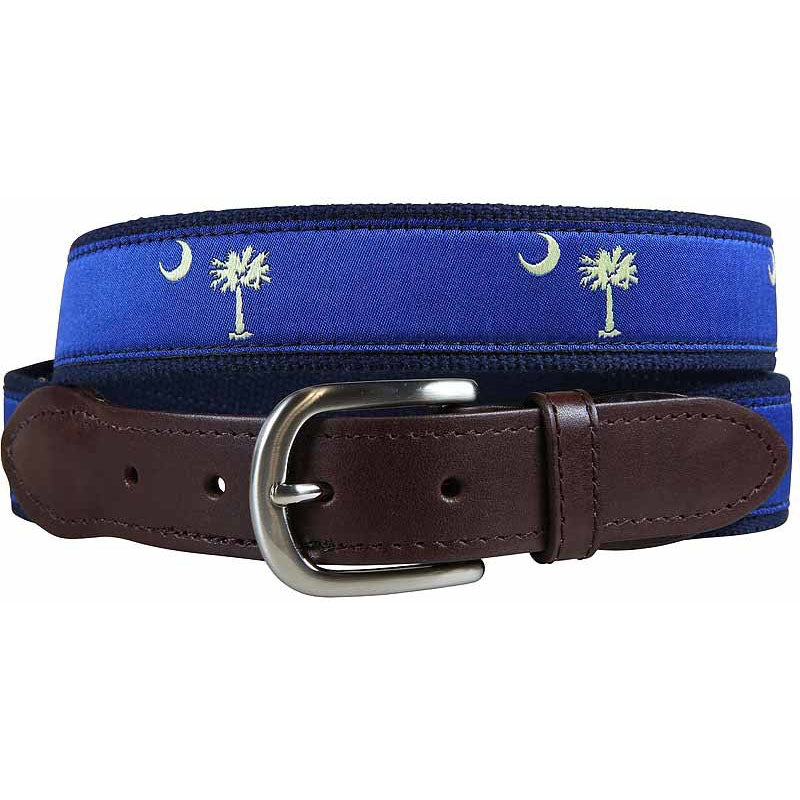 Belted Cow - Palmetto Tree and Crescent Moon Leather Tab Belt (Blue)